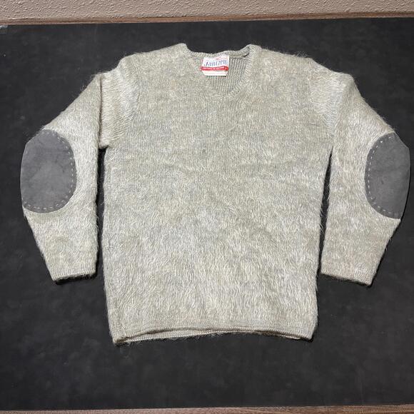 Jantzen Other - Vintage Jantzen Sweater Shaggy Green Mohair Wool Cobain Leather Elbow Pads 1960s
